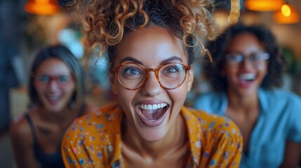 A joyful woman with curly hair and glasses smiles widely while surrounded by friends, portraying a happy and lively social interaction in a modern setting.