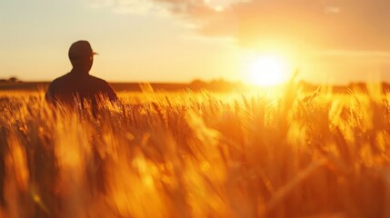 A farmer pauses in a field of wheat as the sun sets, casting long shadows and highlighting the bountiful harvest of summer.