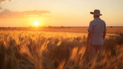 A farmer pauses in a field of wheat as the sun sets, casting long shadows and highlighting the bountiful harvest of summer.