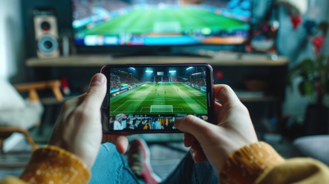 A person is holding a cell phone and watching a soccer game. Generate AI image
