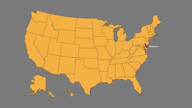 Delaware map animated video. Map Highlighted on the USA map with animation and colour with Gray background in video format.	