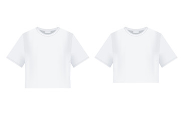 White crop tops mockup. Vector 3d realistic template. Two Women's t-shirts for print design or brading. Free cut casual look. Front view. Editable format. EPS10.