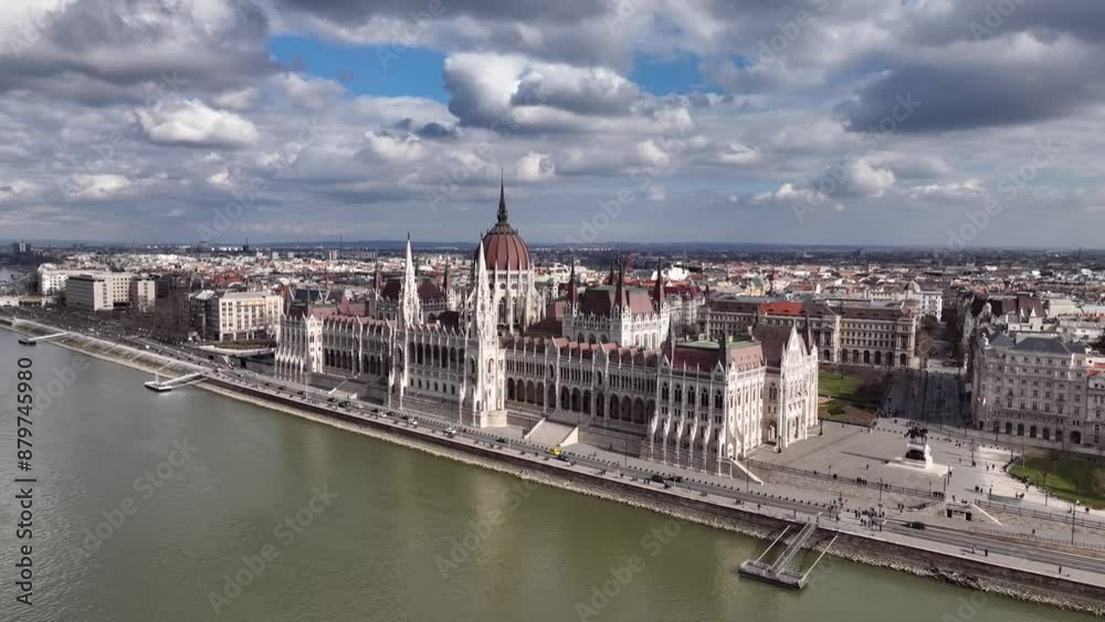 Canvas Prints beautiful drone footage of hungary parliament in budapest. danube river in background.