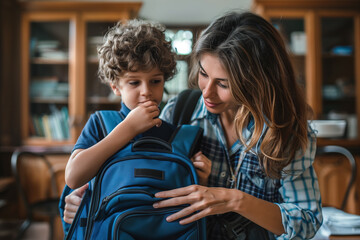 Obraz premium It's morning and a woman is helping her son pack his backpack for his first day of school.