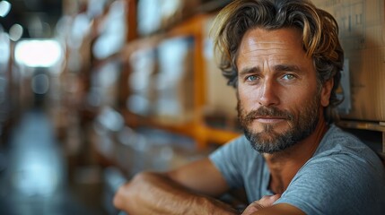 A man with a serious expression, amidst warehouse aisles filled with packages, contemplates deeply, illustrating the intensity and depth of thought in a busy workspace.