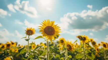 Fototapeta premium A field of sunflowers stretches towards the sky, their vibrant yellow petals contrasting with the soft white fluffy clouds above.