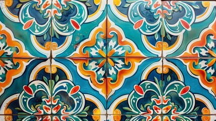 Fototapeta premium Peranakan tiles feature vibrant colors and intricate patterns, showcasing rich heritage and adorning buildings.