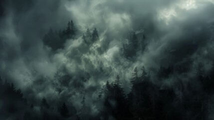 Obraz premium Black clouds gather over a dense forest, their presence creating an oppressive
