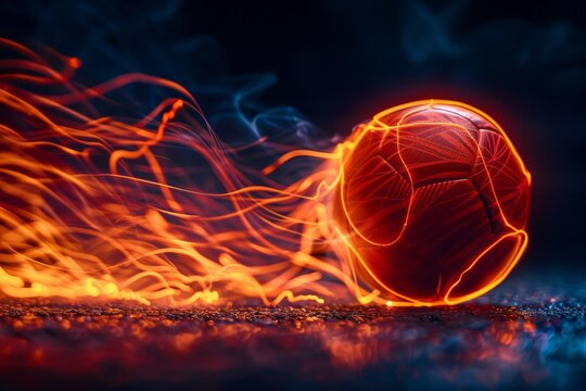 A red soccer ball with orange neon streaks of light trails behind it on a dark background