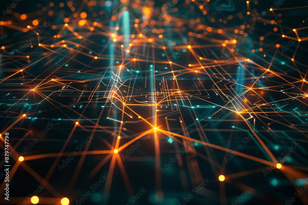 Poster a close-up view of glowing lines and geometric shapes, representing interconnected digital nodes and