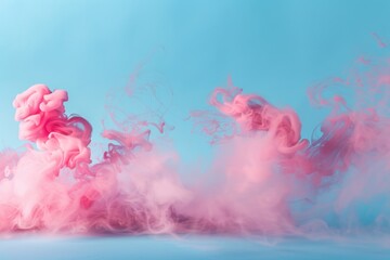 Pink smoke billows and disperses in a studio setting, creating a dramatic and ethereal composition against a light blue background