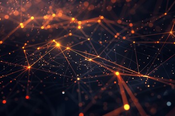 A dark background with a network of glowing lines and geometric shapes, highlighting the interconnectedness of digital nodes and circuits