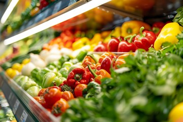 A low-angle photograph of a refrigerated shelf in a grocery store, showcasing a variety of vibrant fruits and vegetables arranged neatly © Elmira