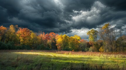 Black clouds hang over a sunlit forest glade, their shadows creating an eerie contrast with the bright foliage.