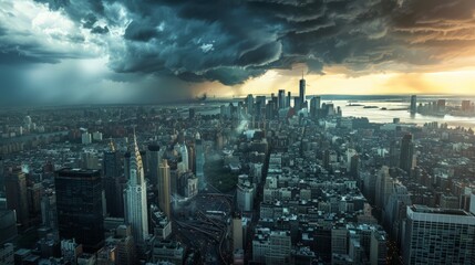 Fototapeta premium Black clouds roll in over a bustling city, their shadow swallowing the skyscrapers.