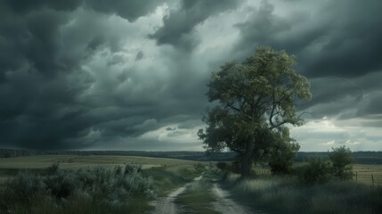 Black clouds roll in over a quiet countryside road, the serene landscape suddenly feeling ominous.