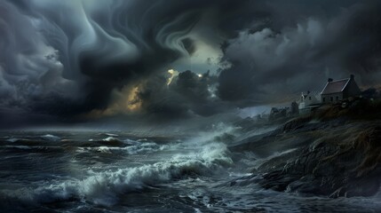 Naklejka premium Black clouds roll in over a quiet village by the sea, their dark forms creating a dramatic