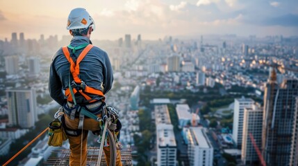 A man in an orange safety harness stands on a ledge overlooking a city. Generate AI image