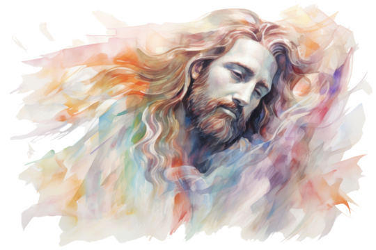 Abstract watercolor representation of Jesus, using flowing lines and blended colors to convey a sense of movement and divine presence. Isolated on white background