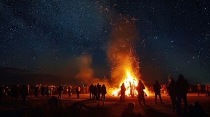 Bonfire Night celebration in England, with bonfires blazing under a starry sky