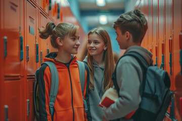 Fototapeta premium back to school, Three kids are standing in a hallway, smiling and talking to each other