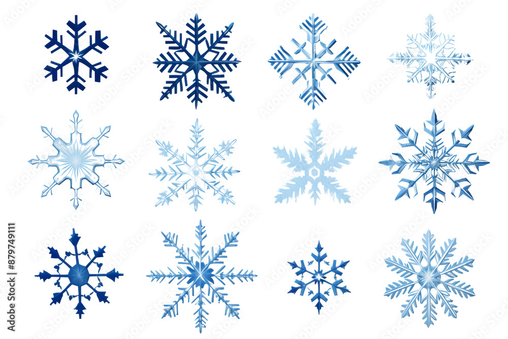 Aufkleber Array of cold snowflake elements in different styles Isolated on white background