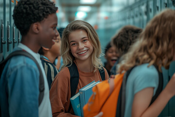 Fototapeta premium back to school, A group of students are smiling and laughing in a hallway