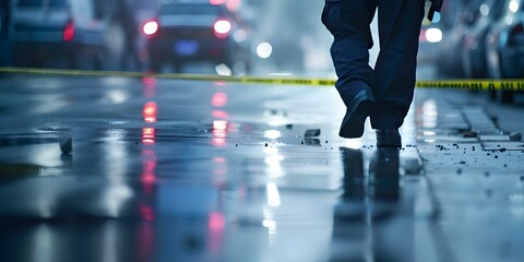 Fototapeta premium Police officer arrives at crime scene to investigate using technology. Concept Crime Scene Investigation, Police Technology, Forensic Tactics, Evidence Collection, Investigative Techniques