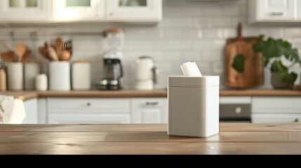 Fototapeta premium Blank Label Cleaning Wipes: A container of cleaning wipes with no label in a kitchen. 