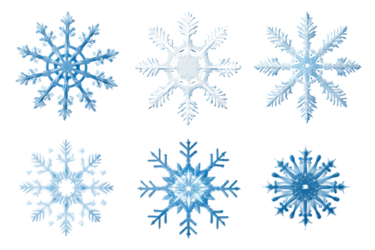 Assorted snowflake designs with detailed structures Isolated on white backgroun