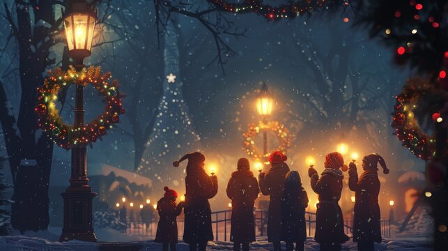 Carolers singing joyously under street lamps adorned with wreaths