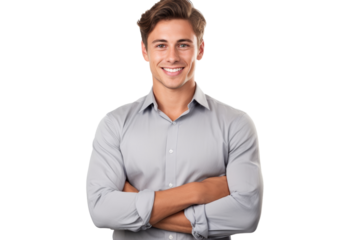 Attractive young businessman in a gray shirt, smiling confidently and exuding professionalism. Isolated on white background