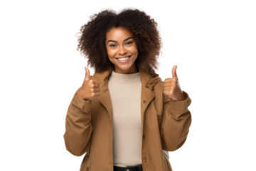 Black woman in a good mood, gesturing thumbs up Isolated on white background