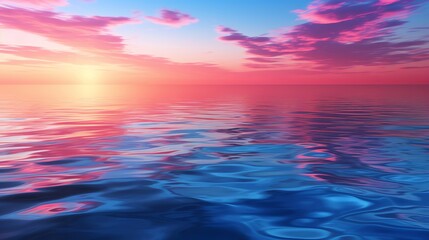 Obraz premium Reflective blue water surface at sunset, with vibrant hues of orange and pink blending into the water