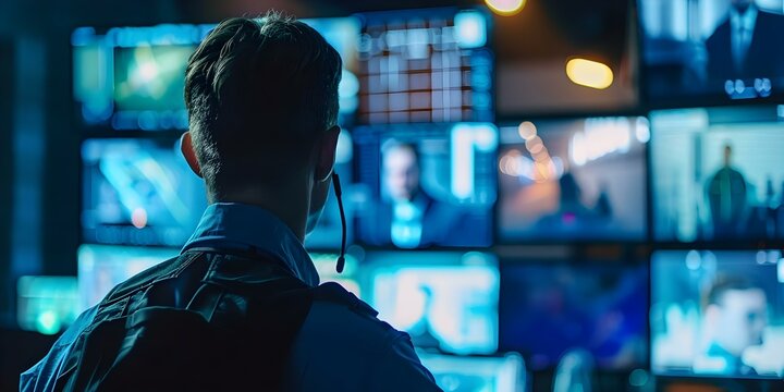 Monitoring Screens for Suspicious Activity Workplace Security Officer Spots Unknown Person. Concept Workplace Security, Suspicious Activity, Monitoring Screens, Unknown Person, Safety Measures