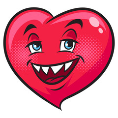 Cartoon heart with demonic funny smile pop art retro PNG illustration. Comic book style imitation.