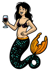mermaid alcoholic with glass of wine line art color sketch engraving PNG illustration. T-shirt apparel print design. Scratch board imitation. Black and white hand drawn image.