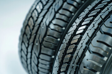 Fototapeta premium details of brand new, high-quality radial car tires displayed on a clean white background, highlighting their tread patterns and durability. Ideal for automotive websites, tire ret