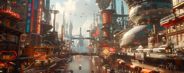 A retro-futuristic cityscape filled with flying cars, towering chrome buildings, and neon signs.