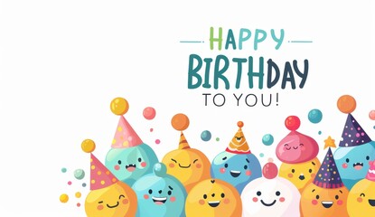 A group of smiling emoji wearing party hats, with the text "HAPPY BIRTHDAY TO YOU!" in bold letters on top Generative AI