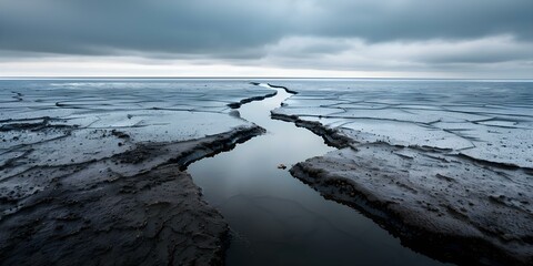 Barren Landscape with Oil Seeping Out, Devoid of Life or Vegetation. Concept Barren Landscape, Oil Seepage, Environmental Disaster, Desolate Terrain, Lack of Vegetation