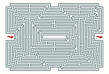 Complex labyrinth (maze) vector. Labyrinth game illustration. Irregular polygon shape. Maze game illustration with enter and exit arrows