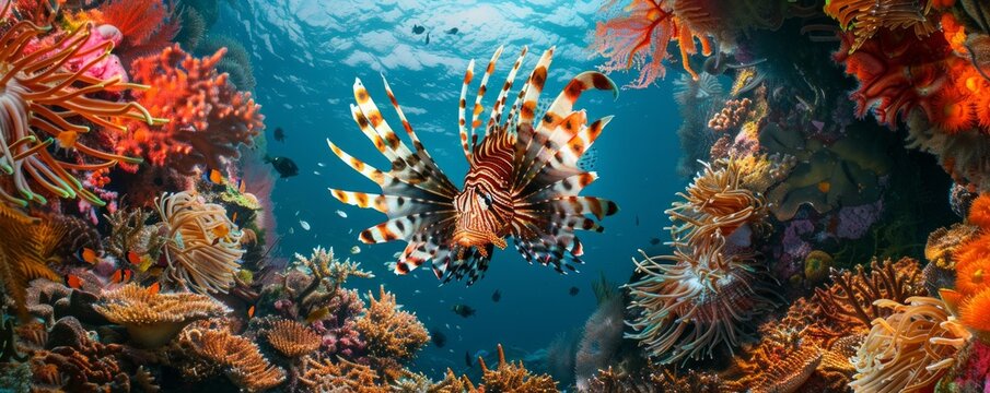 Vibrant lionfish hiding among coral crevices, 4K hyperrealistic photo