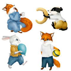 Set of cute animals: a little fox in pajamas and a little fox in pants with a ball. Little badger and rabbit with a balloon. Watercolor illustration. Watercolor set on isolated background.