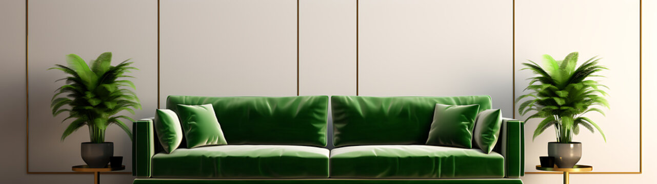 A green velvet sofa sits between two plants in a light room.
