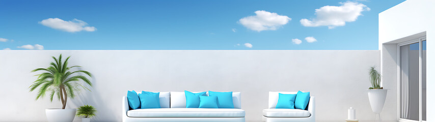 White modern terrace with blue sky and comfortable sofa