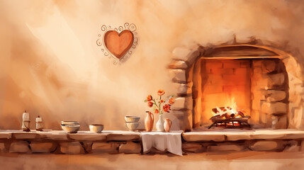 Cozy home interior with a fireplace, mantel, and vase of flowers painted in warm colors, evoking a feeling of peace and tranquility.