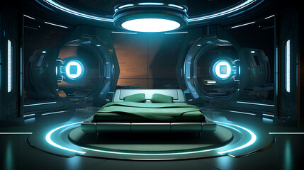 Futuristic bedroom interior with glowing blue lights and a large comfortable bed in the center, the room is decorated in a modern style with sleek lines and minimalist furniture.
