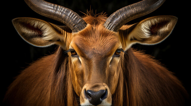 A close up of a bongo antelope with a dark background, showing its large horns, brown fur, and big ears.