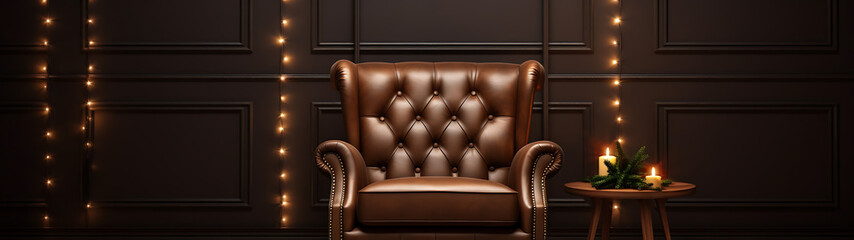 Retro vibes, a vintage brown leather armchair and a small round table with candles in a dark room with fairy lights.